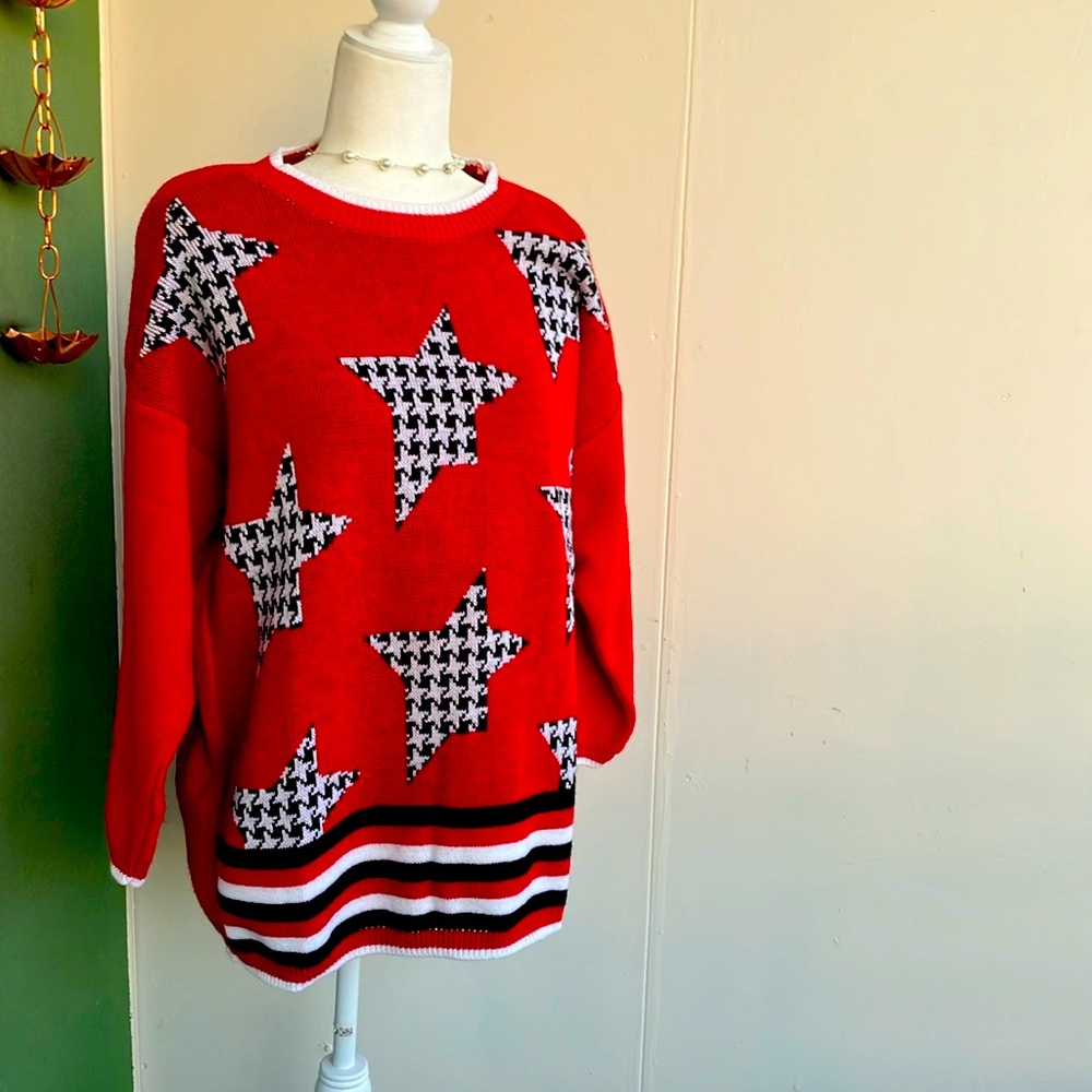 Vintage 80s 90s Houndstooth Star Print Sweater
